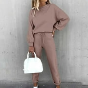Jacenvly Women'S Pants Solid Comfort Warmth Sweatshirt Set Crewneck Pullover Elastic Waisted Sweatpants Loose Casual Two-Piece Set Brown